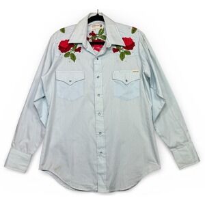 Vintage Genuine Roebucks Pearl Snap Western Shirt M Blue Embroidered Rose USA